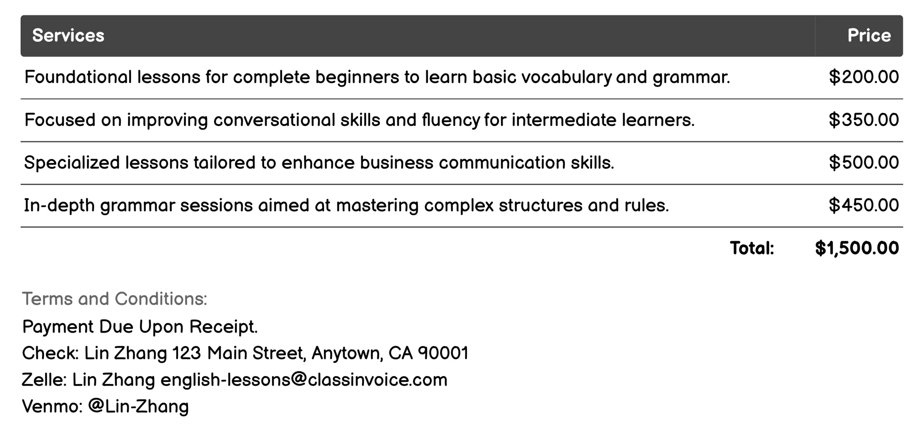 Cultural Immersion Programs Invoice Example
