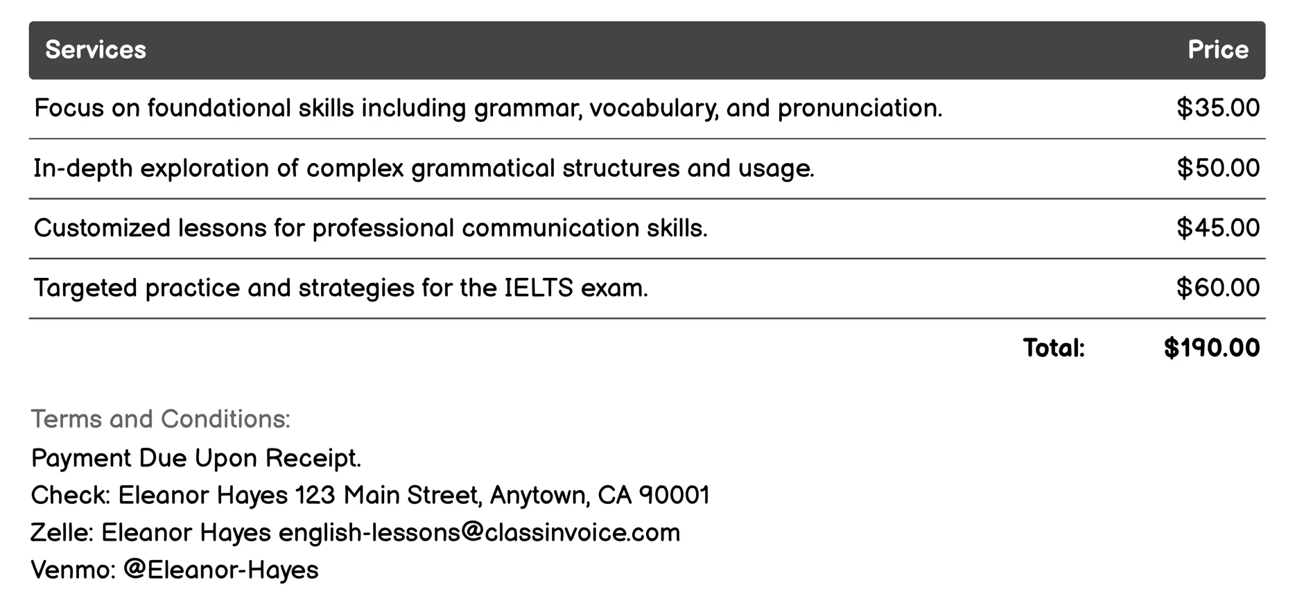 One-on-One Tutoring Invoice Example