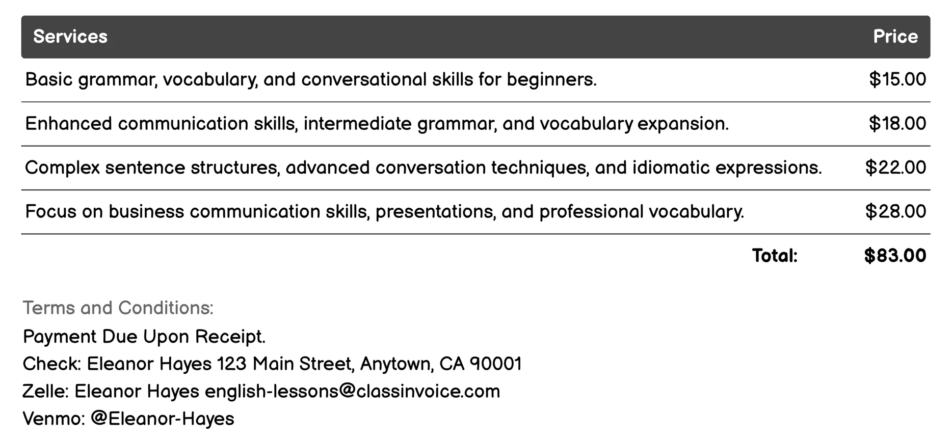 Online Lessons Invoice Example