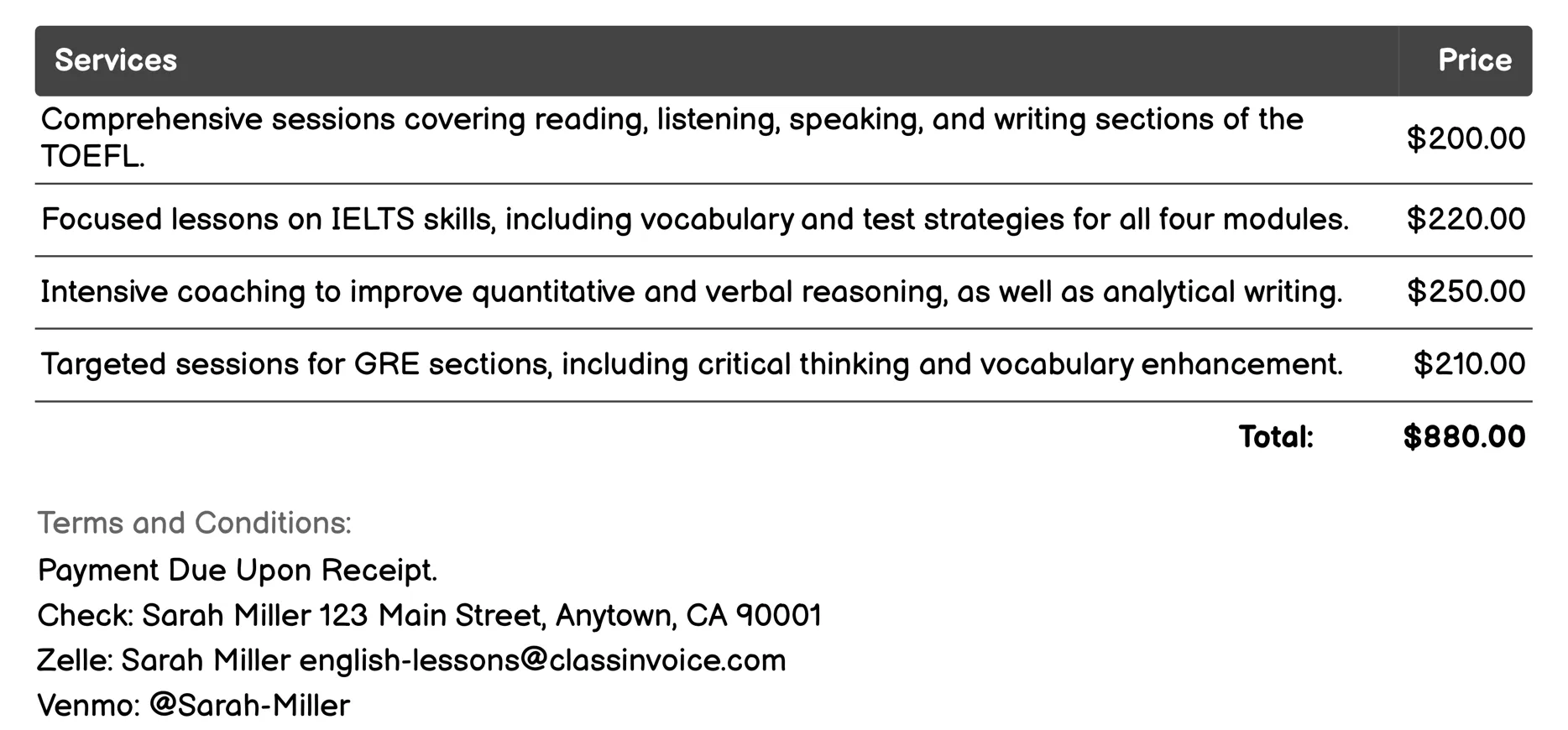 Test Preparation Invoice Example