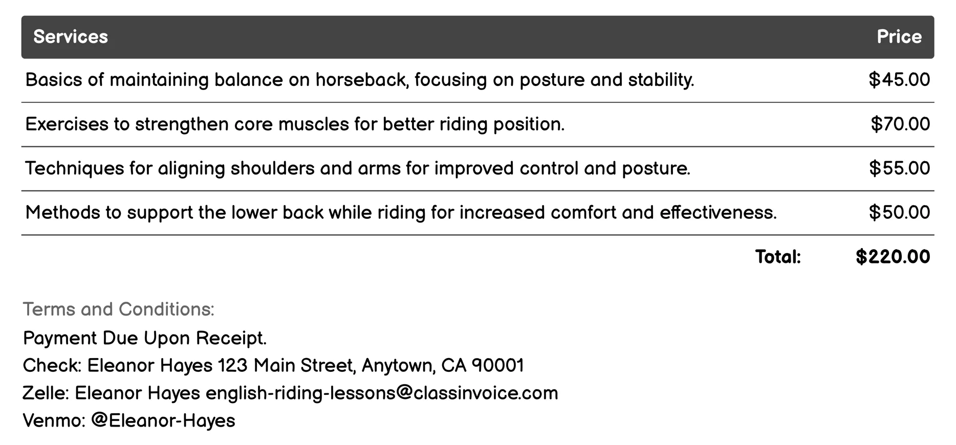 Balance and Positioning Invoice Example