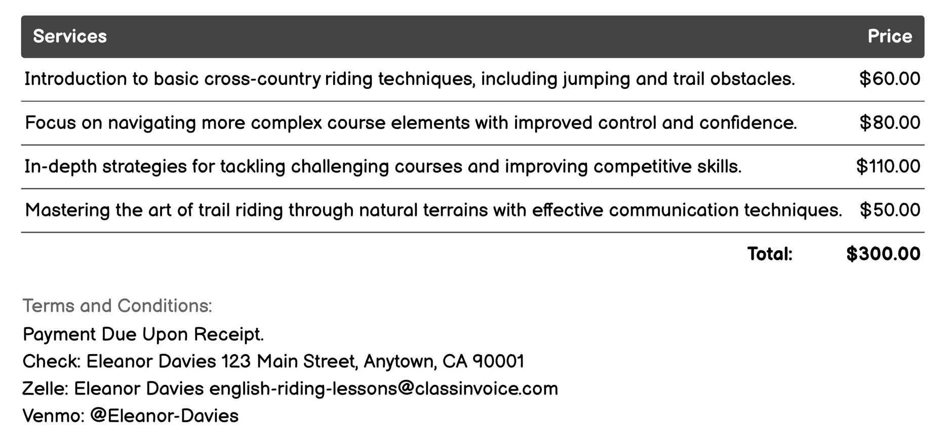 Cross-Country Riding Invoice Example
