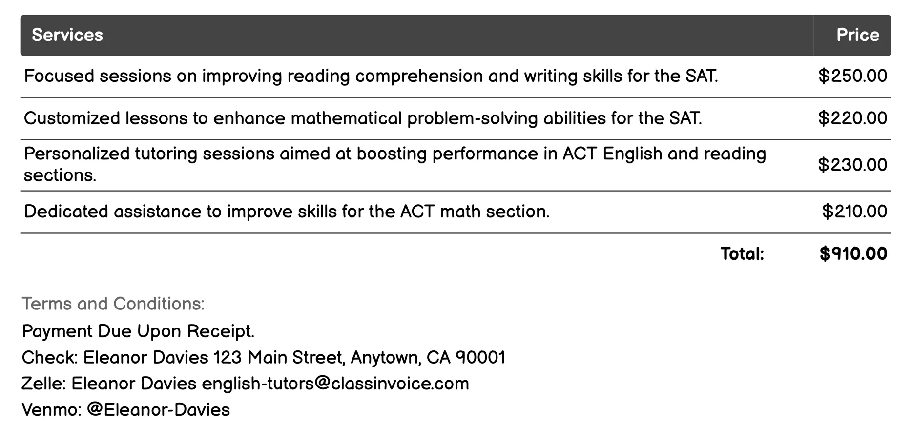 Test Preparation Invoice Example