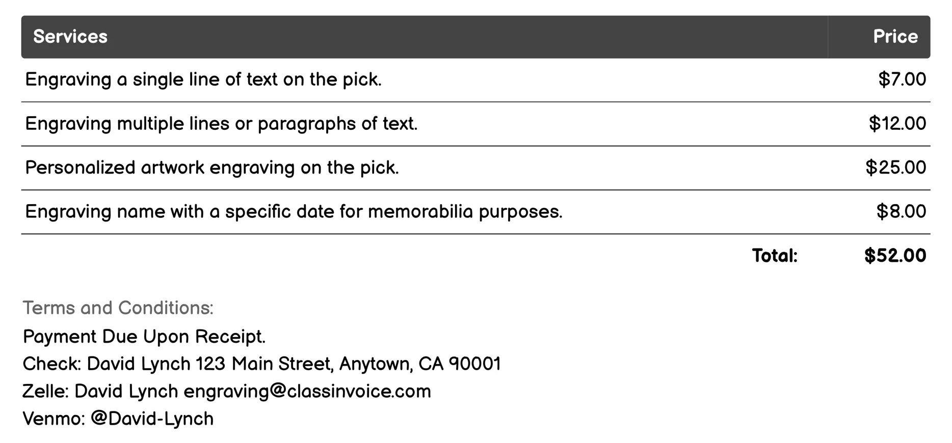 Guitar Pick Engraving Invoice Example