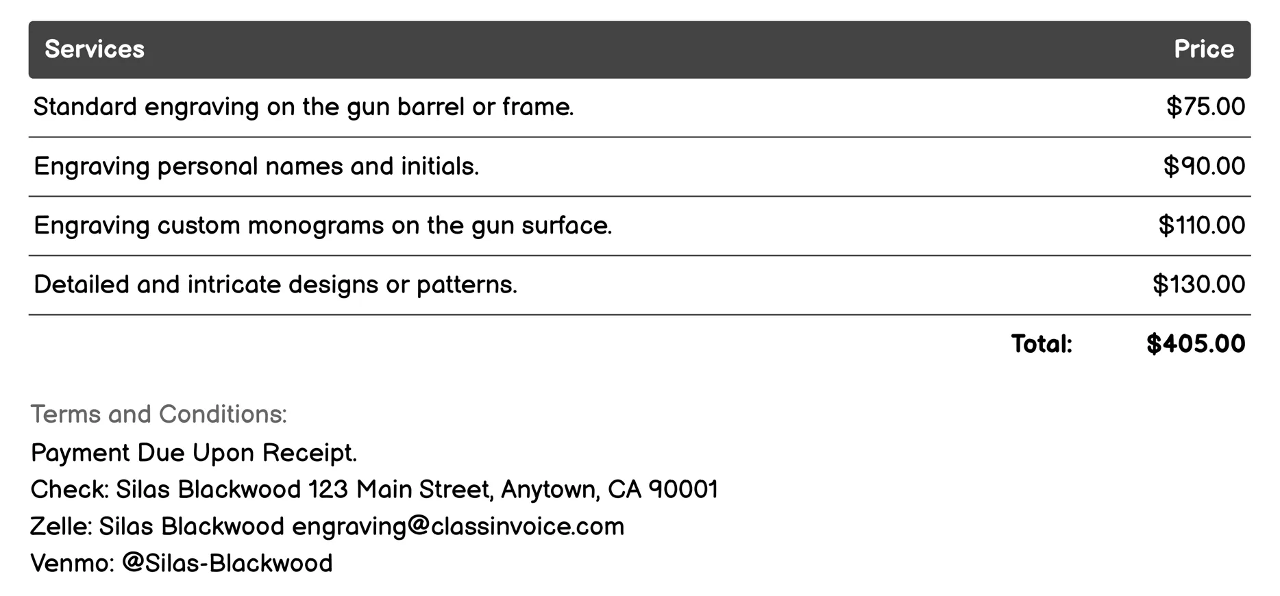 Gun Engraving Invoice Example
