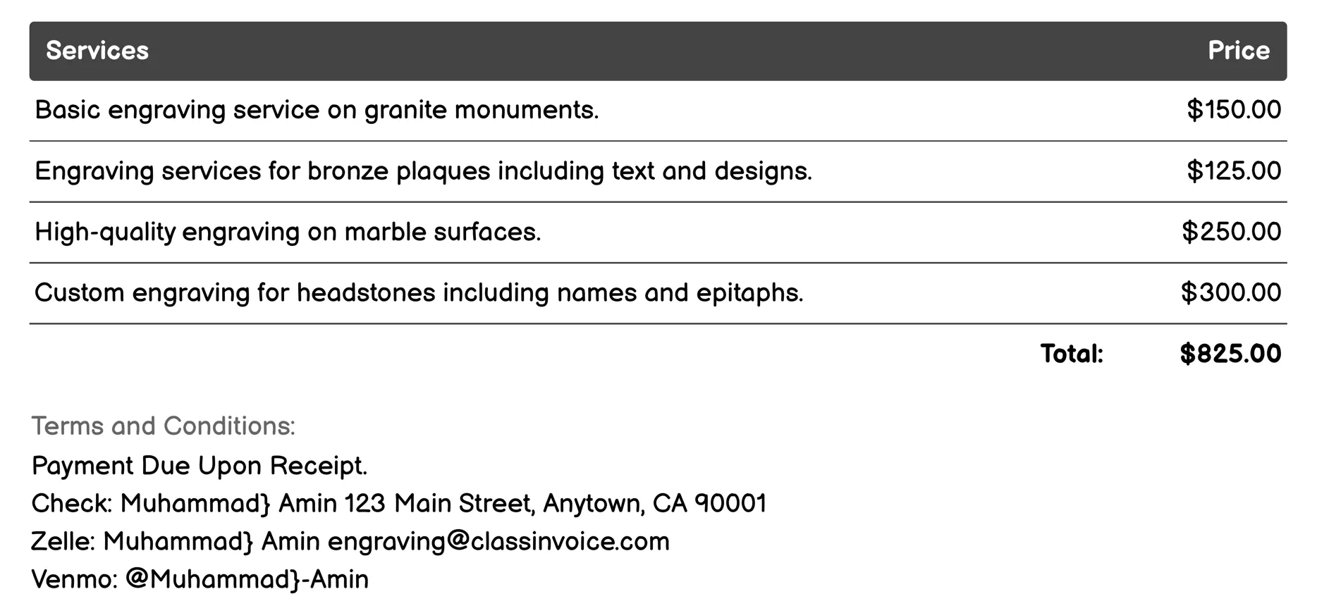 Monument Engraving Invoice Example
