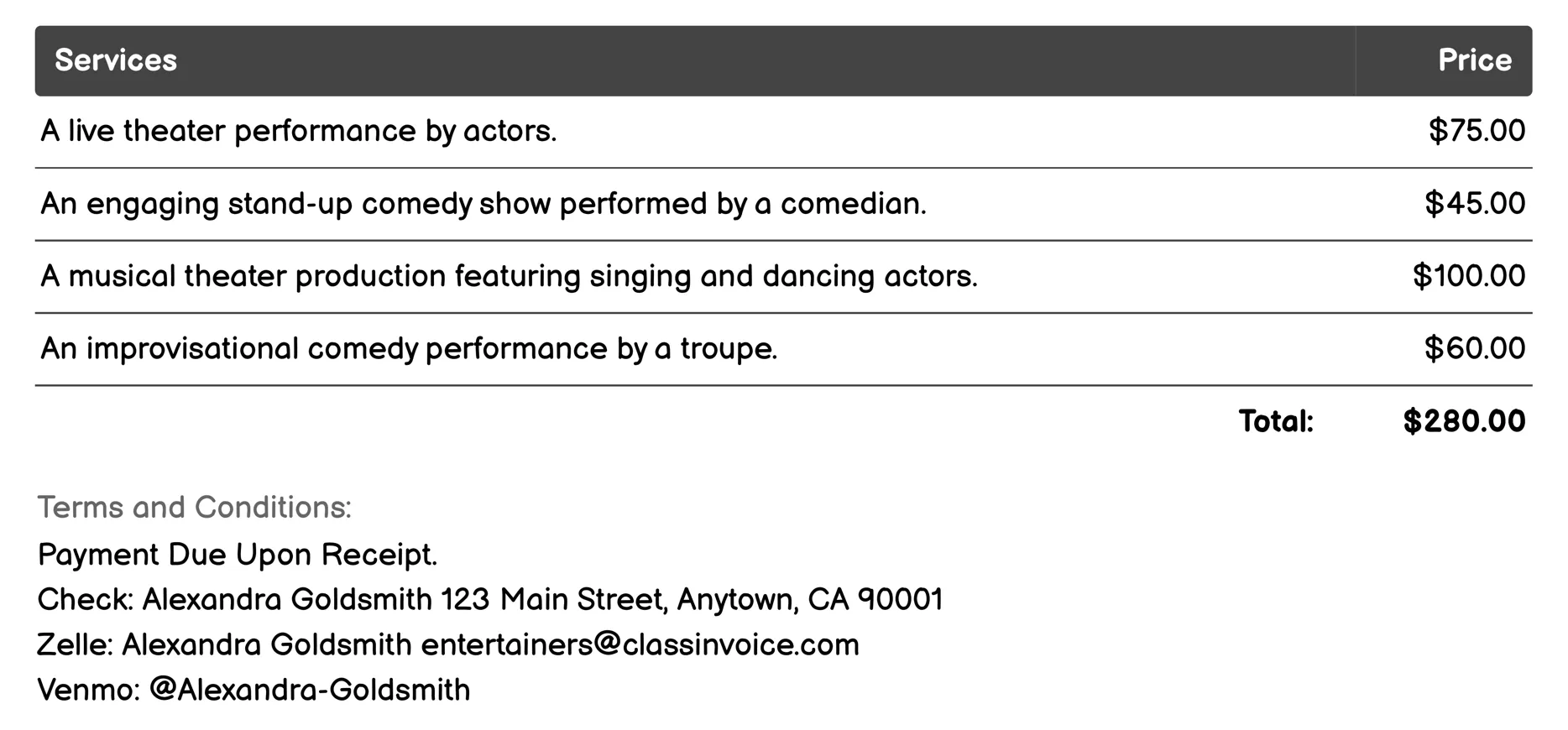 Actors and Theatrical Performers Invoice Example
