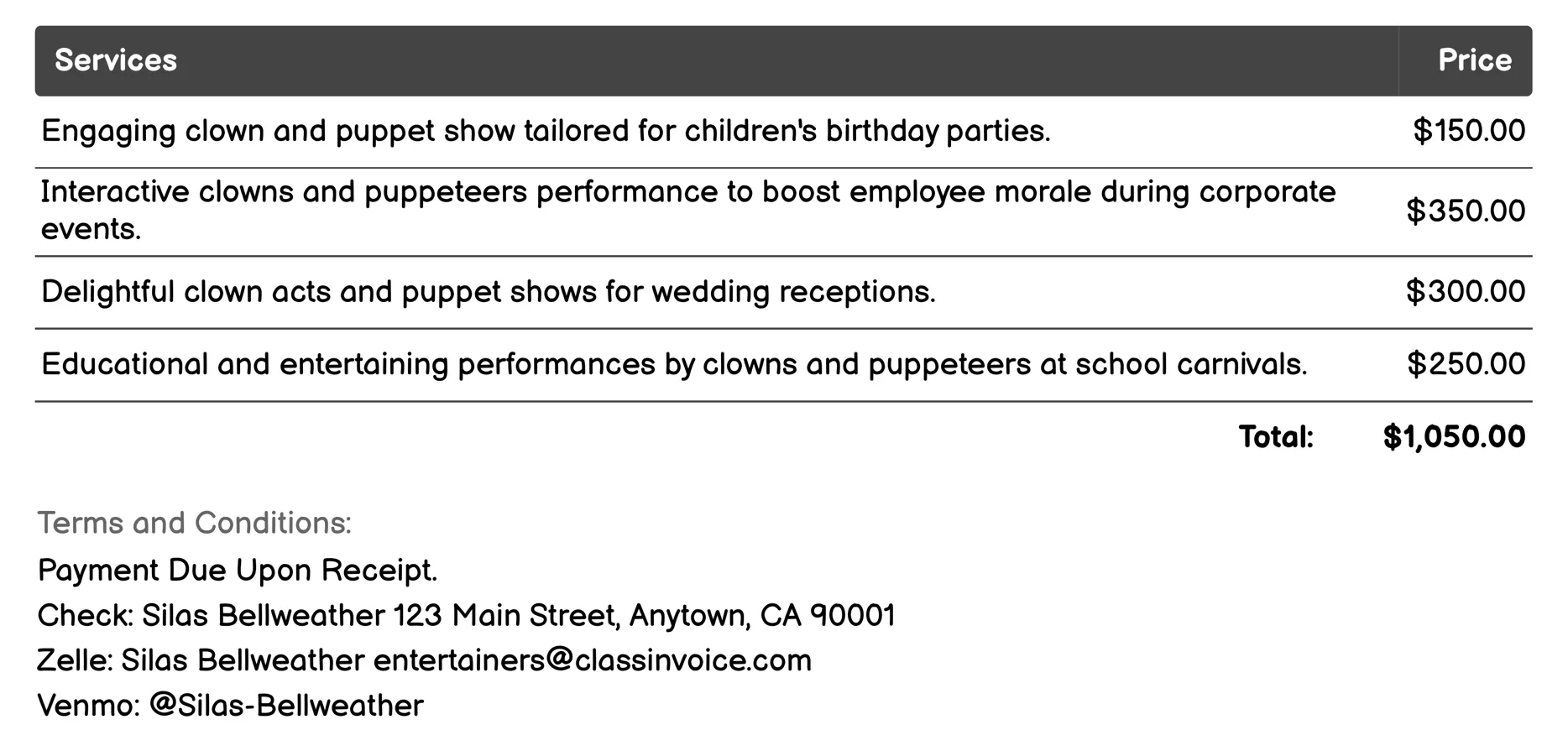 Clowns and Puppeteers Invoice Example