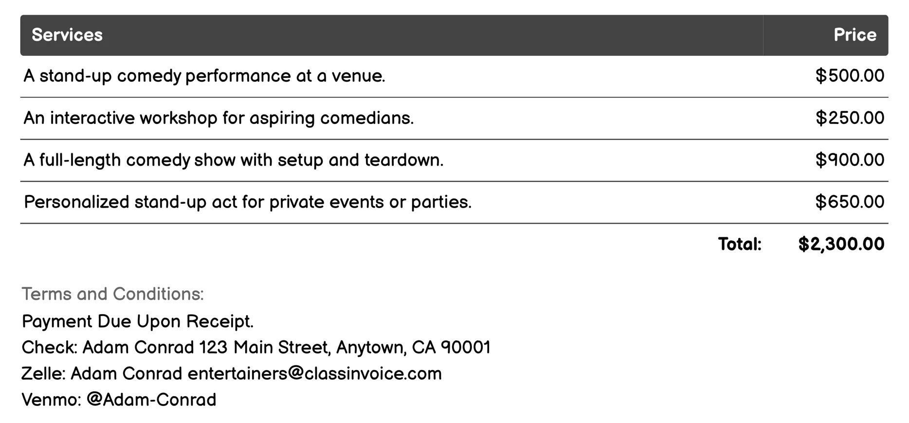 Comedians and Stand-Up Artists Invoice Example