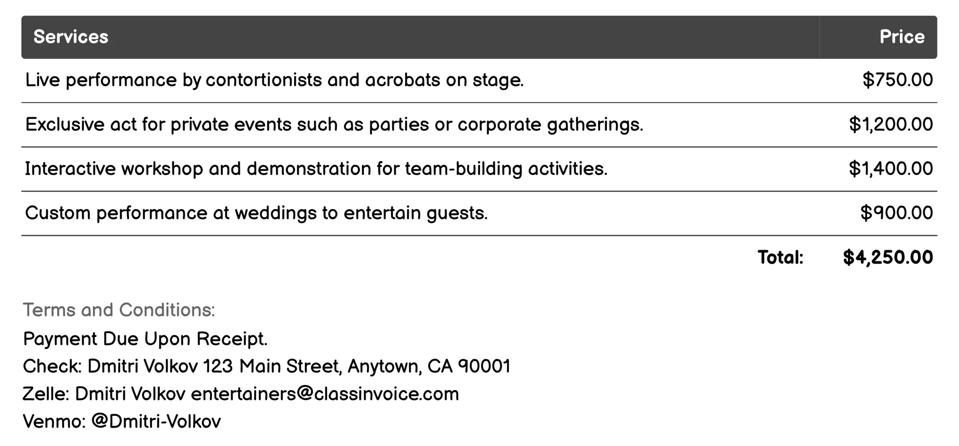 Contortionists and Acrobats Invoice Example