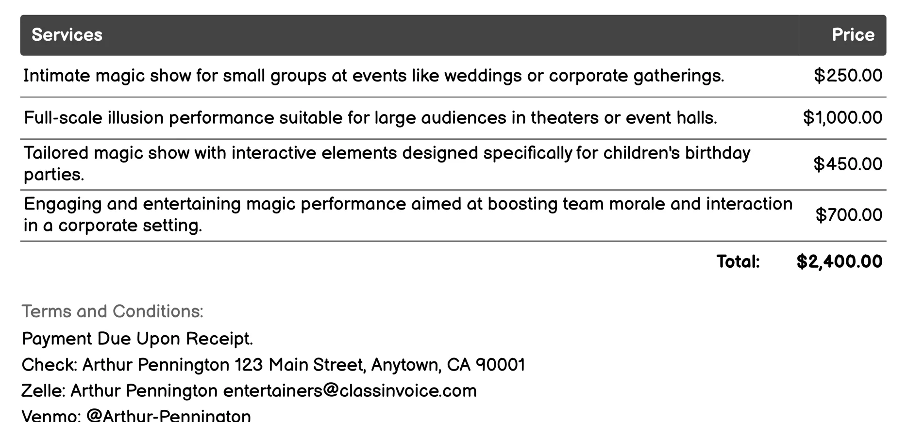 Magicians and Illusionists Invoice Example