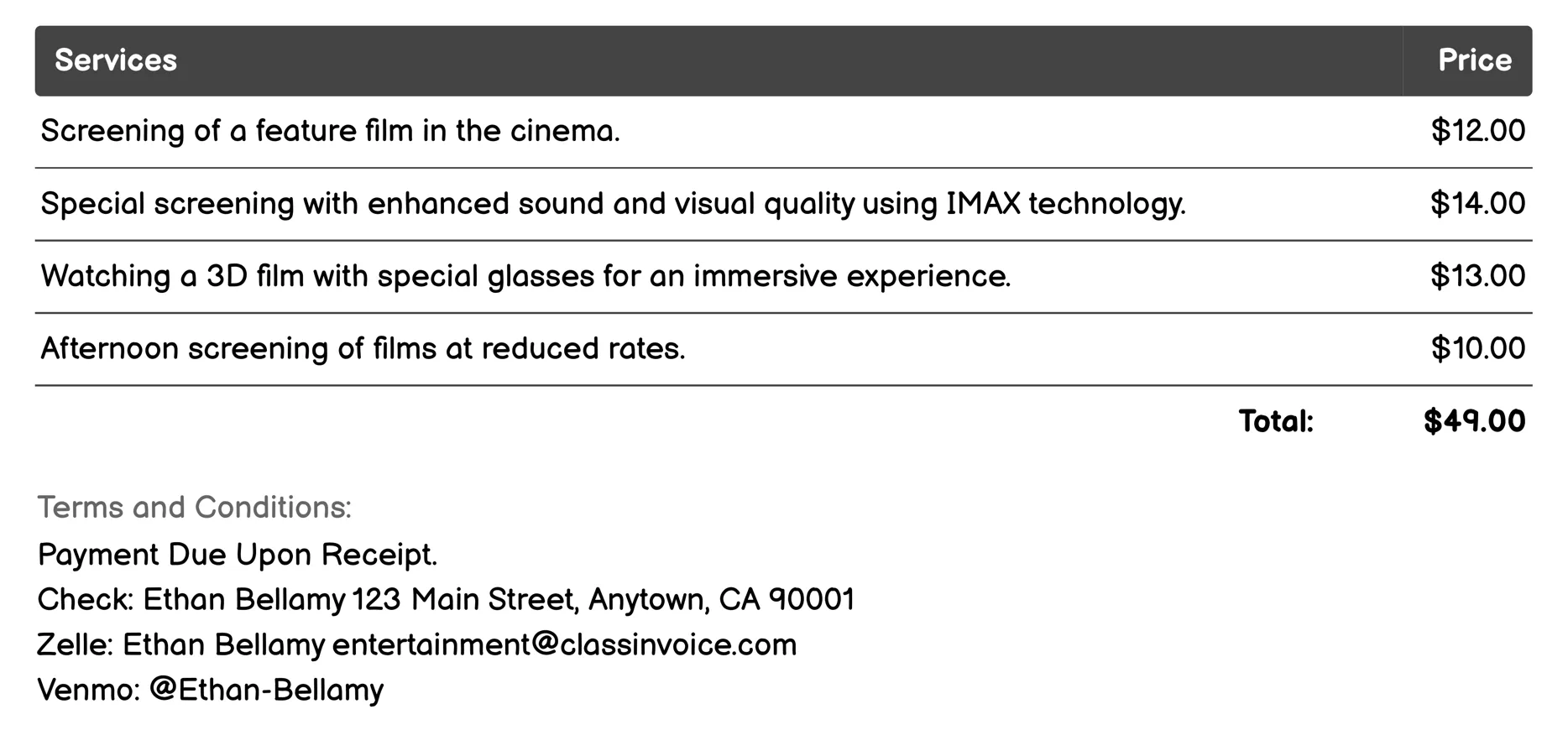 Cinema Invoice Example