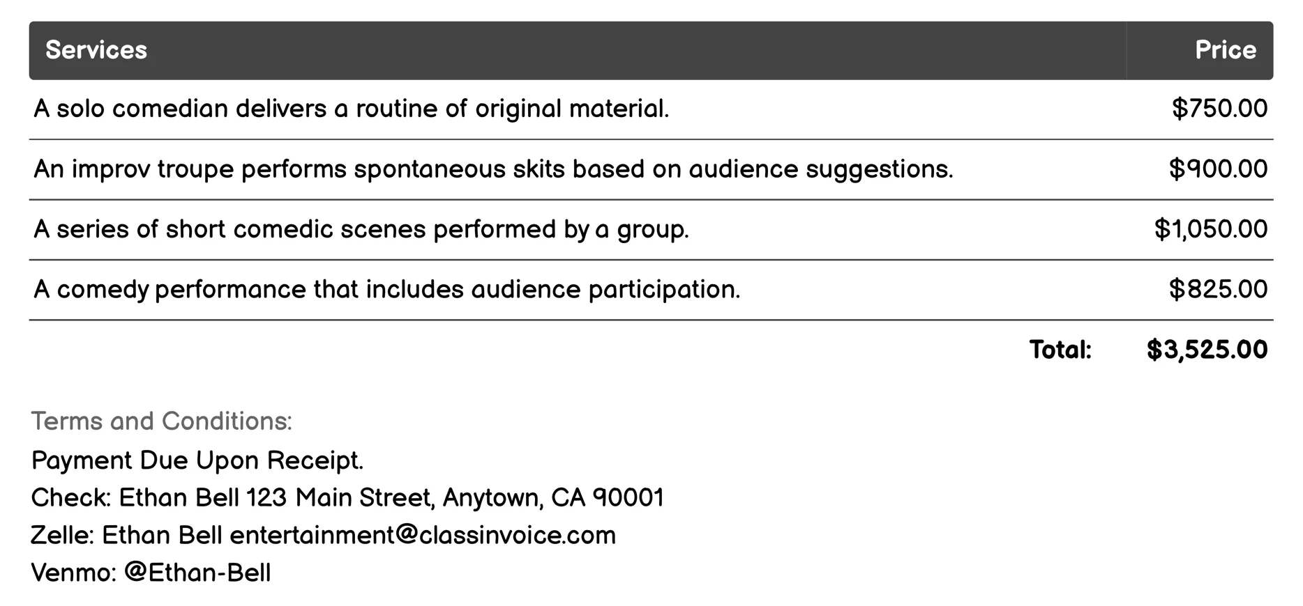 Comedy Shows Invoice Example
