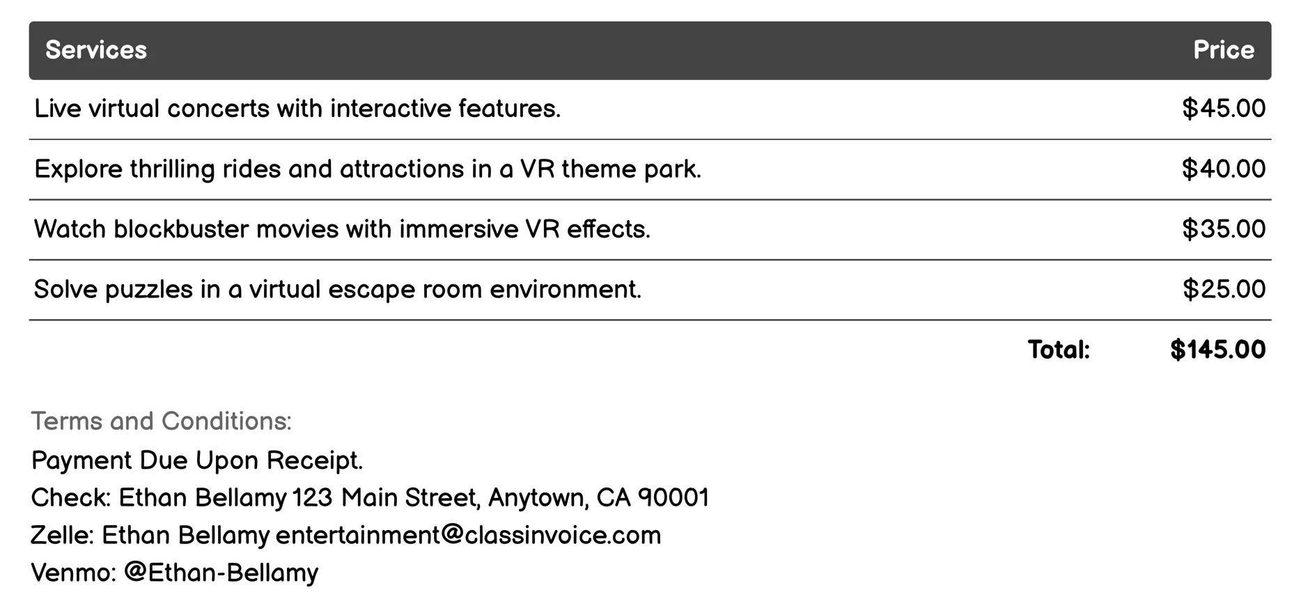 Virtual Reality Experiences Invoice Example