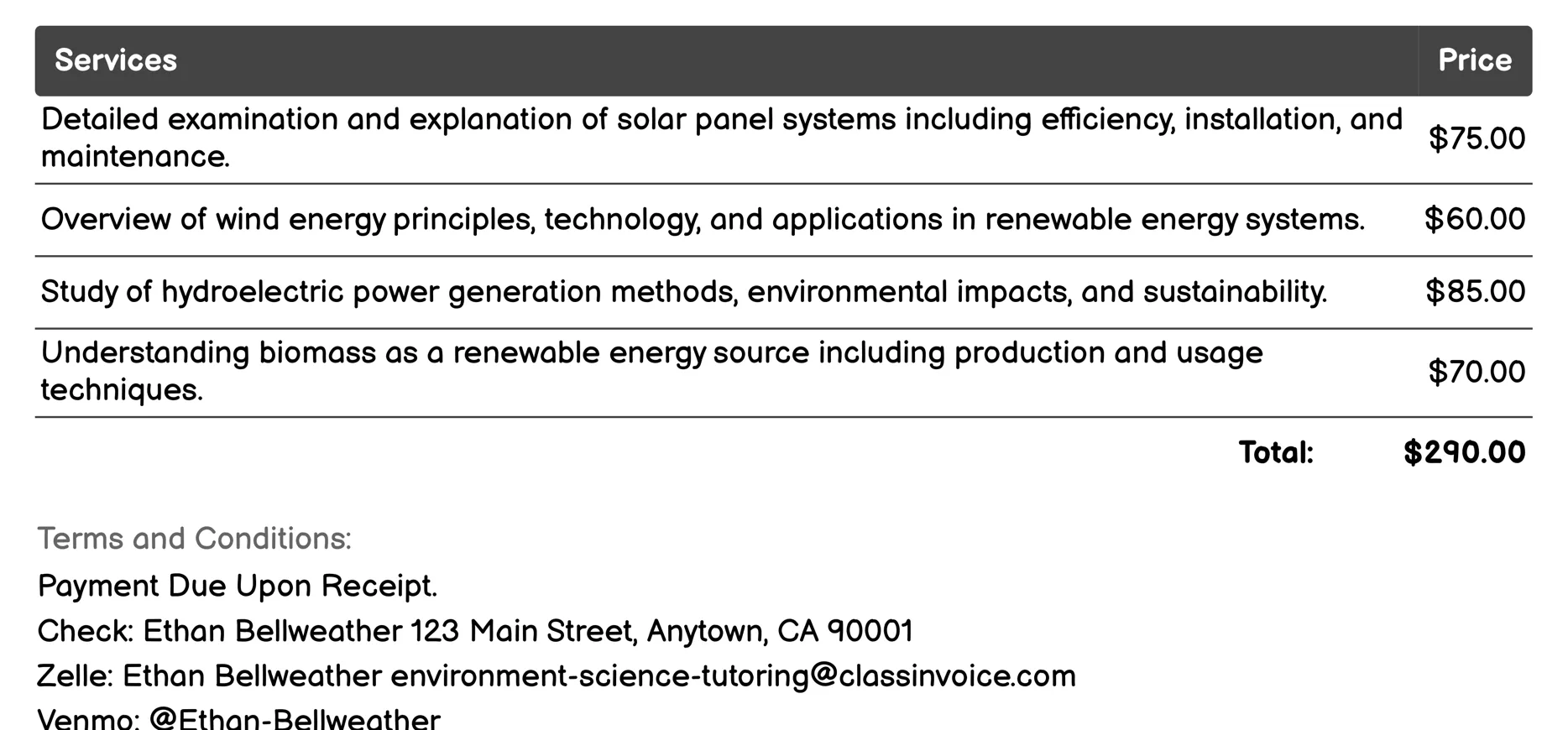 Renewable Energy Systems Invoice Example