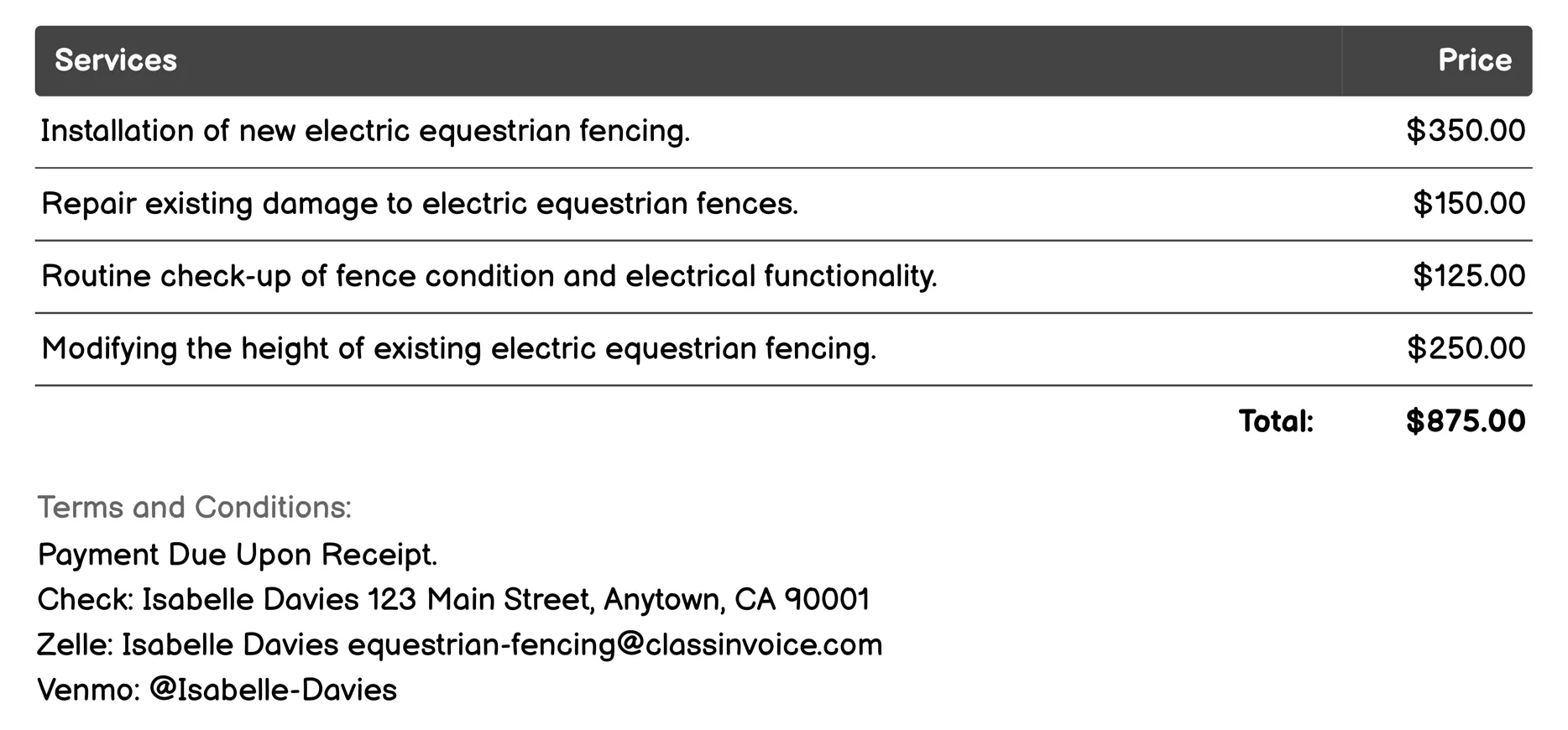 Electric Equestrian Fencing Invoice Example