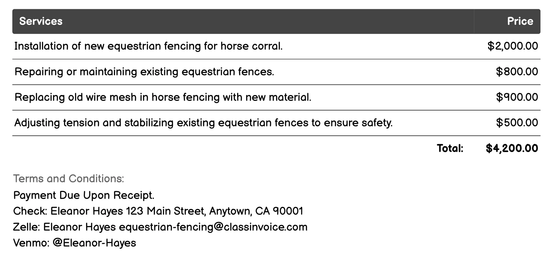 Horse Corral Fencing Invoice Example
