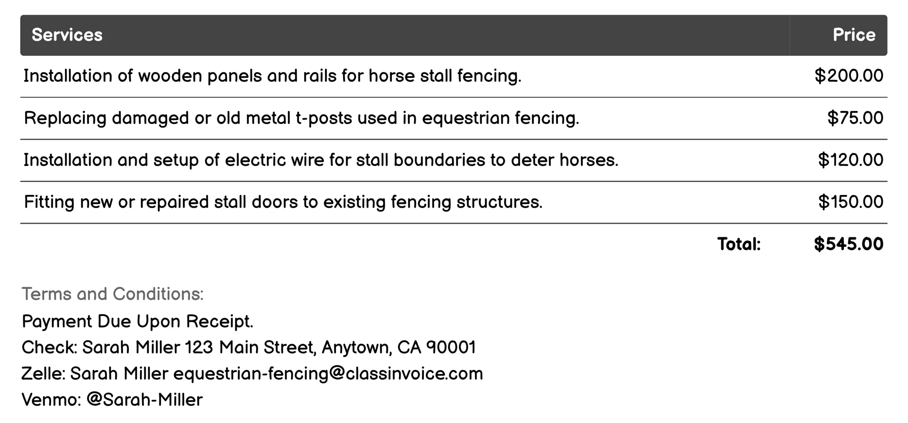 Horse Stall Fencing Invoice Example