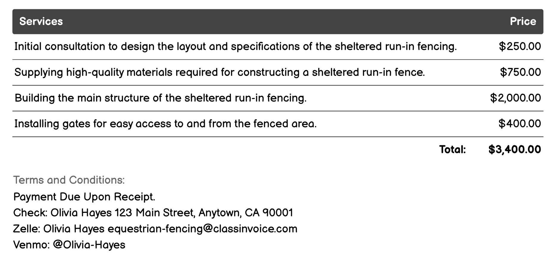 Sheltered Run-In Fencing Invoice Example