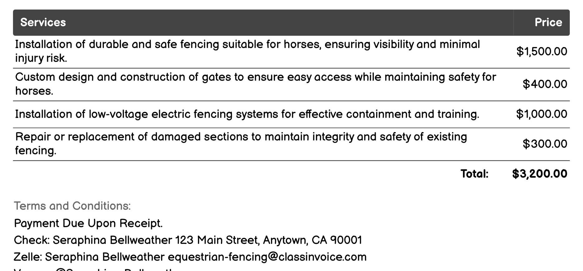 Trail Fencing Invoice Example