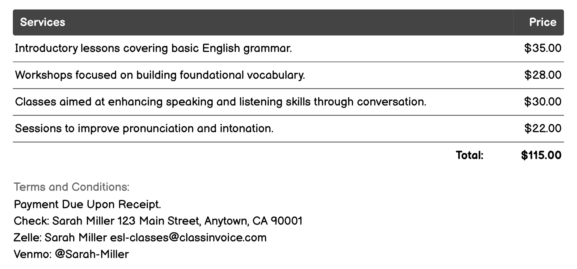 Beginner ESL Invoice Example