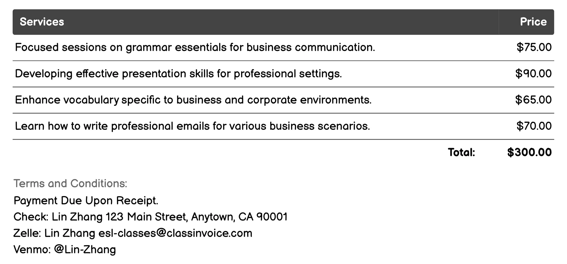 Business English Invoice Example
