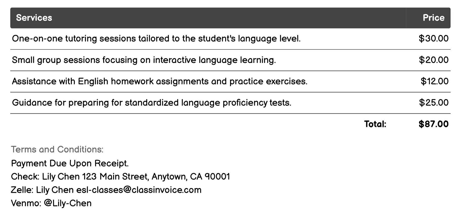 Children's ESL Programs Invoice Example