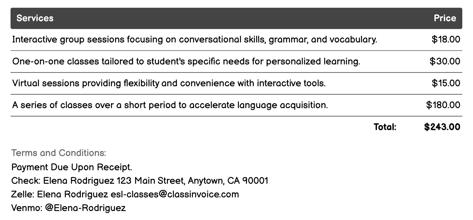 Intermediate ESL Invoice Example