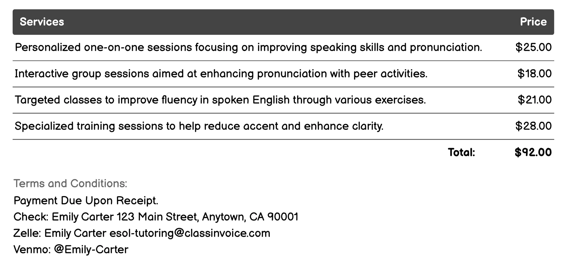 Speaking and Pronunciation Invoice Example