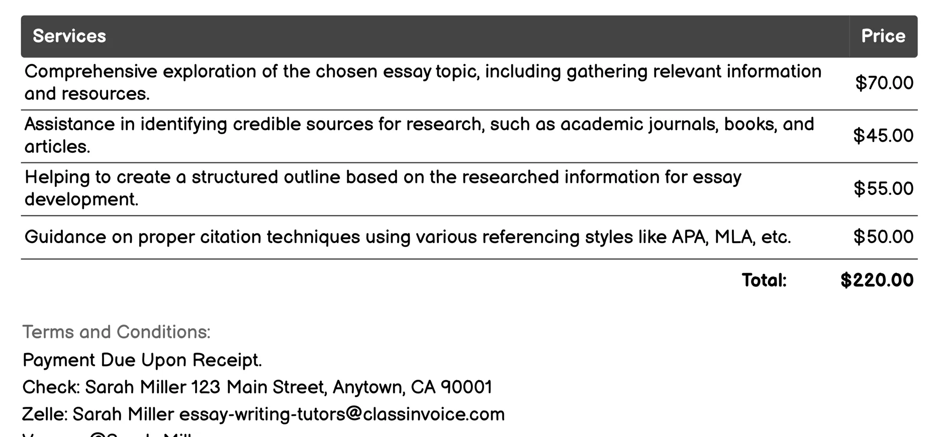 Research Assistance Invoice Example