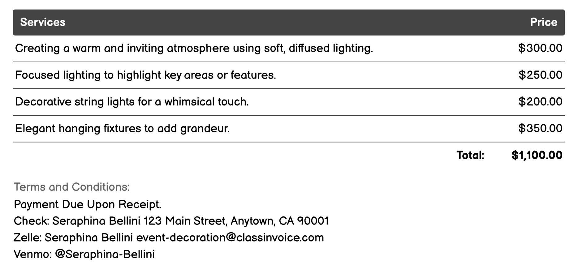 Lighting Arrangement Invoice Example