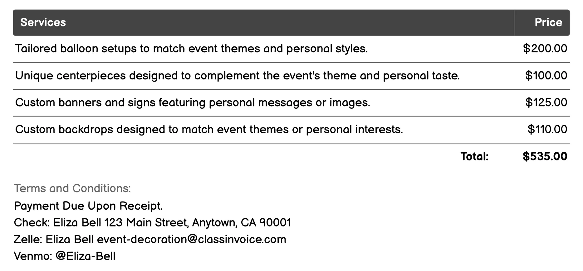 Personalized Decor Invoice Example