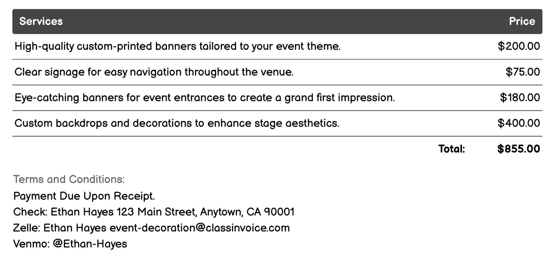 Signage and Banners Invoice Example
