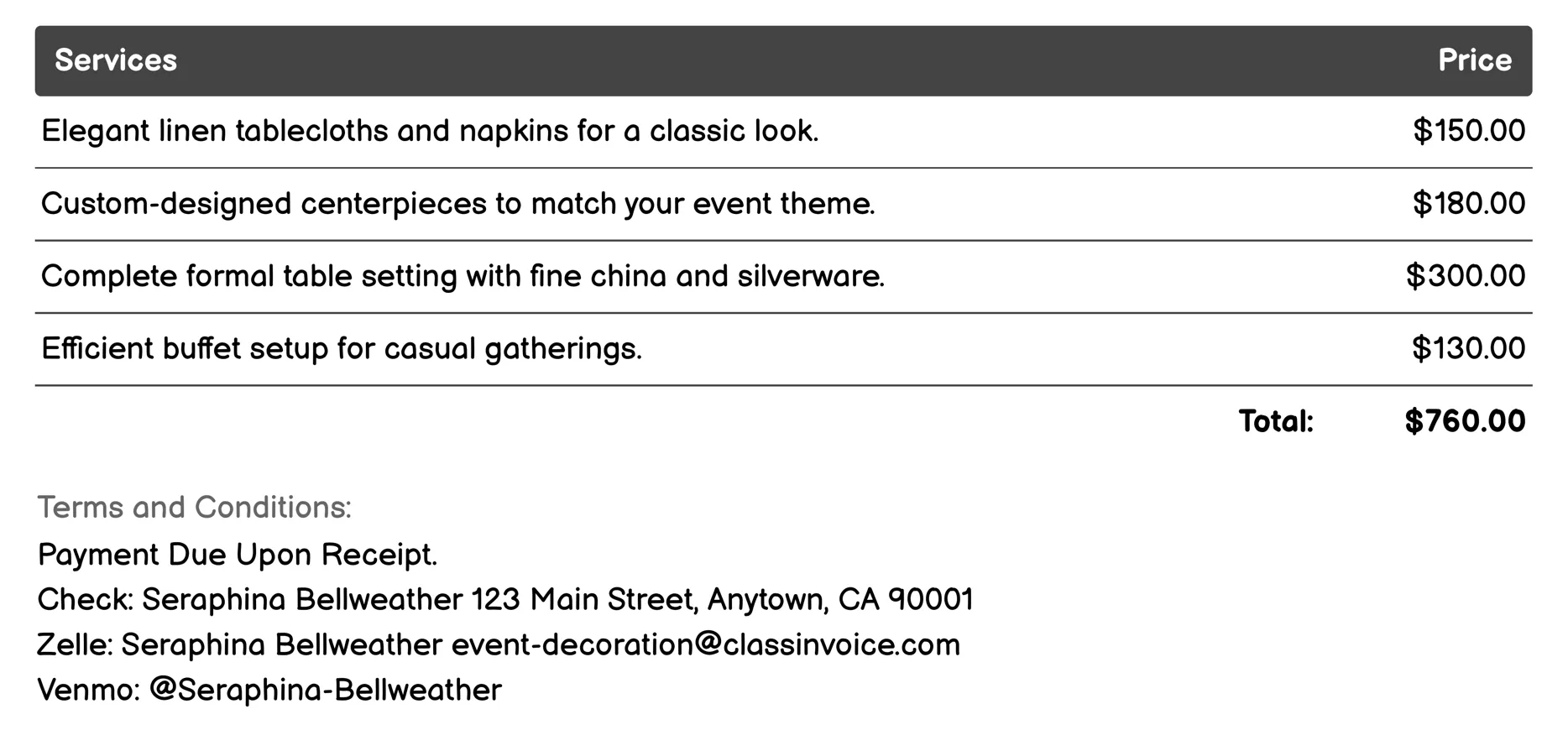 Table Setting Services Invoice Example