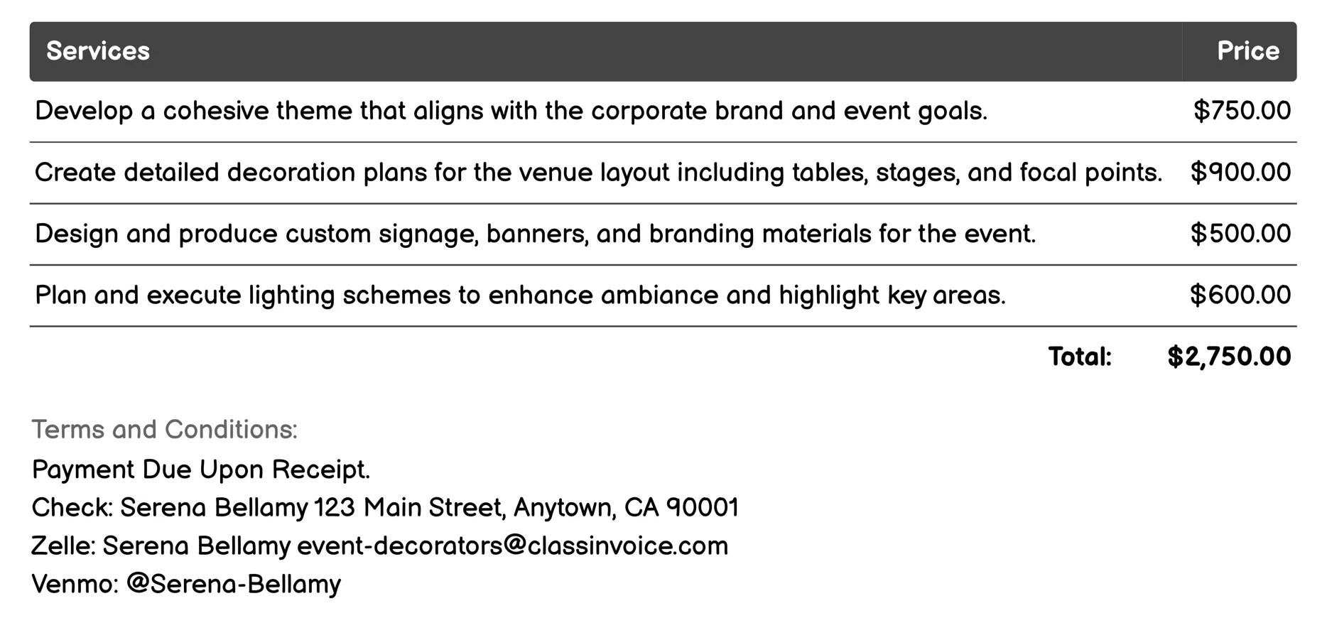 Corporate Event Decoration Invoice Example