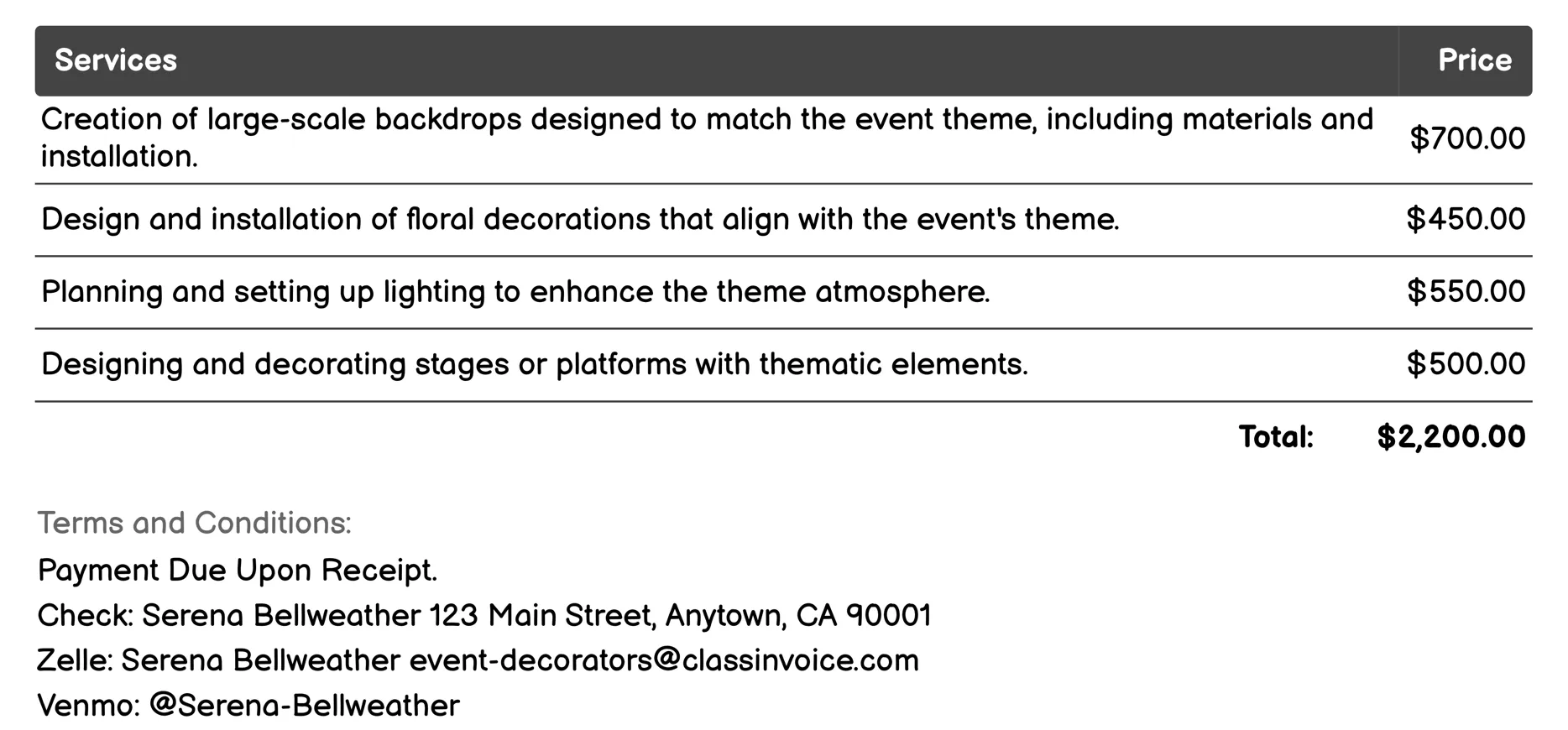 Themed Event Decoration Invoice Example