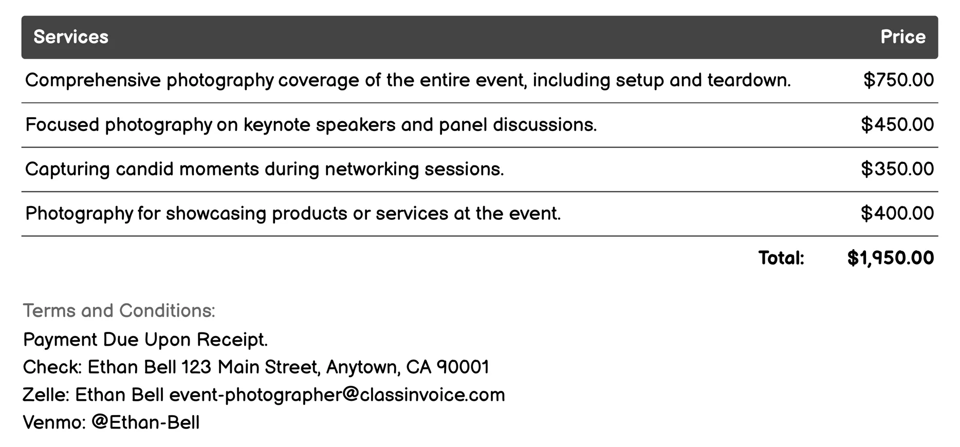 Corporate Events Invoice Example