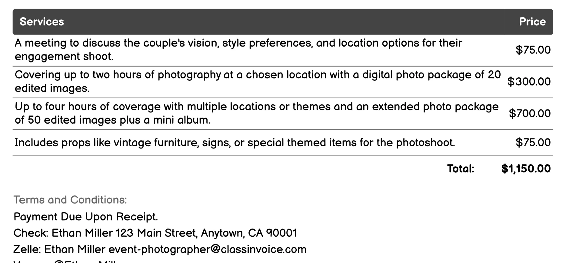 Engagement Shoots Invoice Example