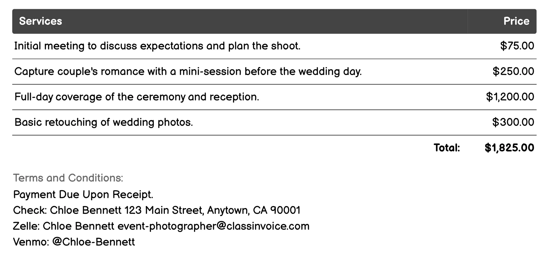 Wedding Video Production Invoice Example