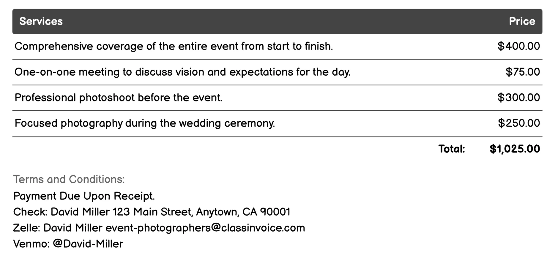 Anniversaries Invoice Example