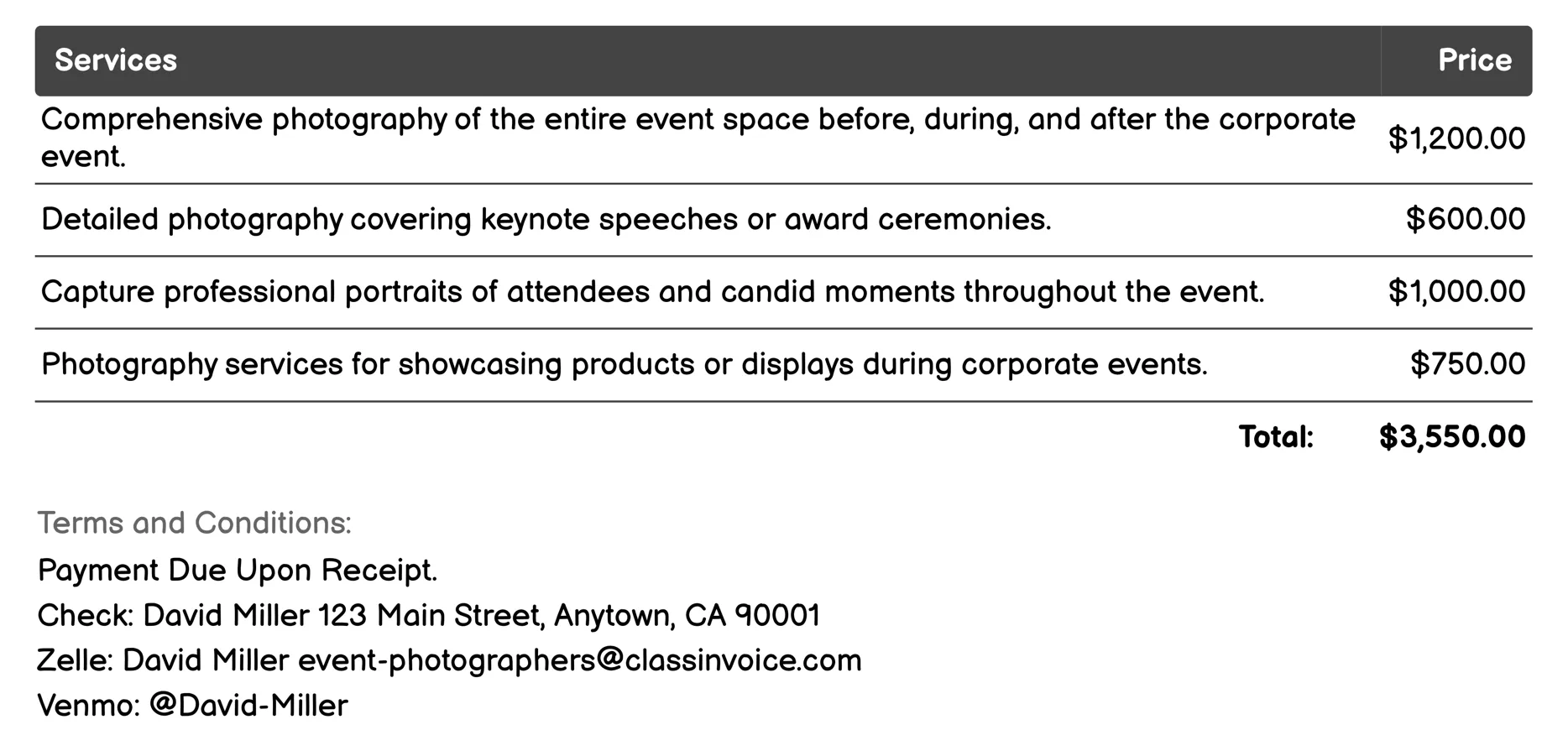 Corporate Events Invoice Example