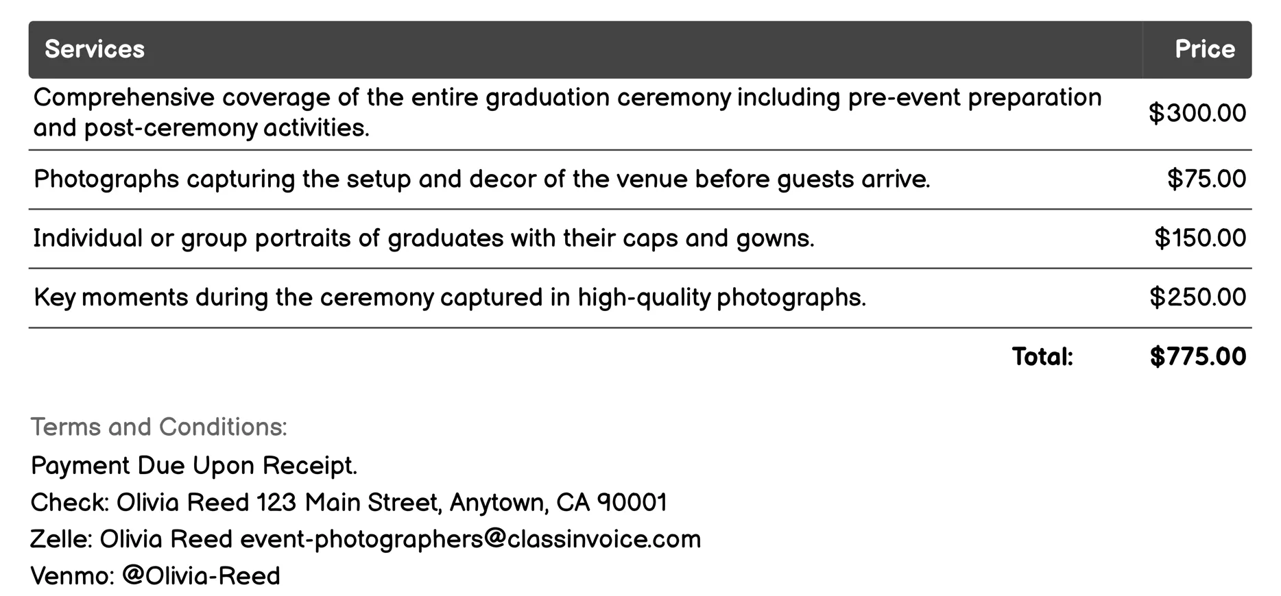 Graduation Ceremonies Invoice Example