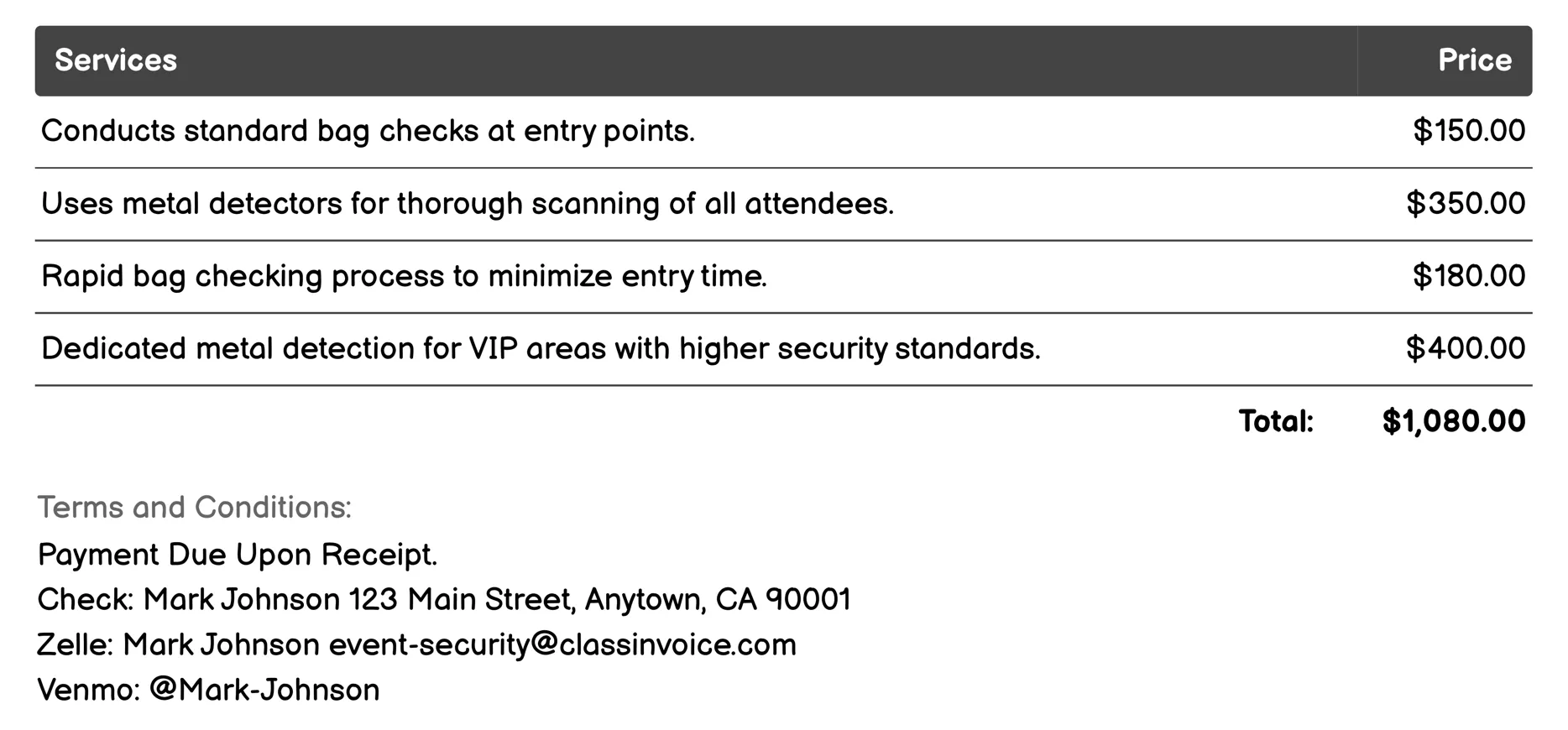 Bag Checks and Metal Detection Invoice Example