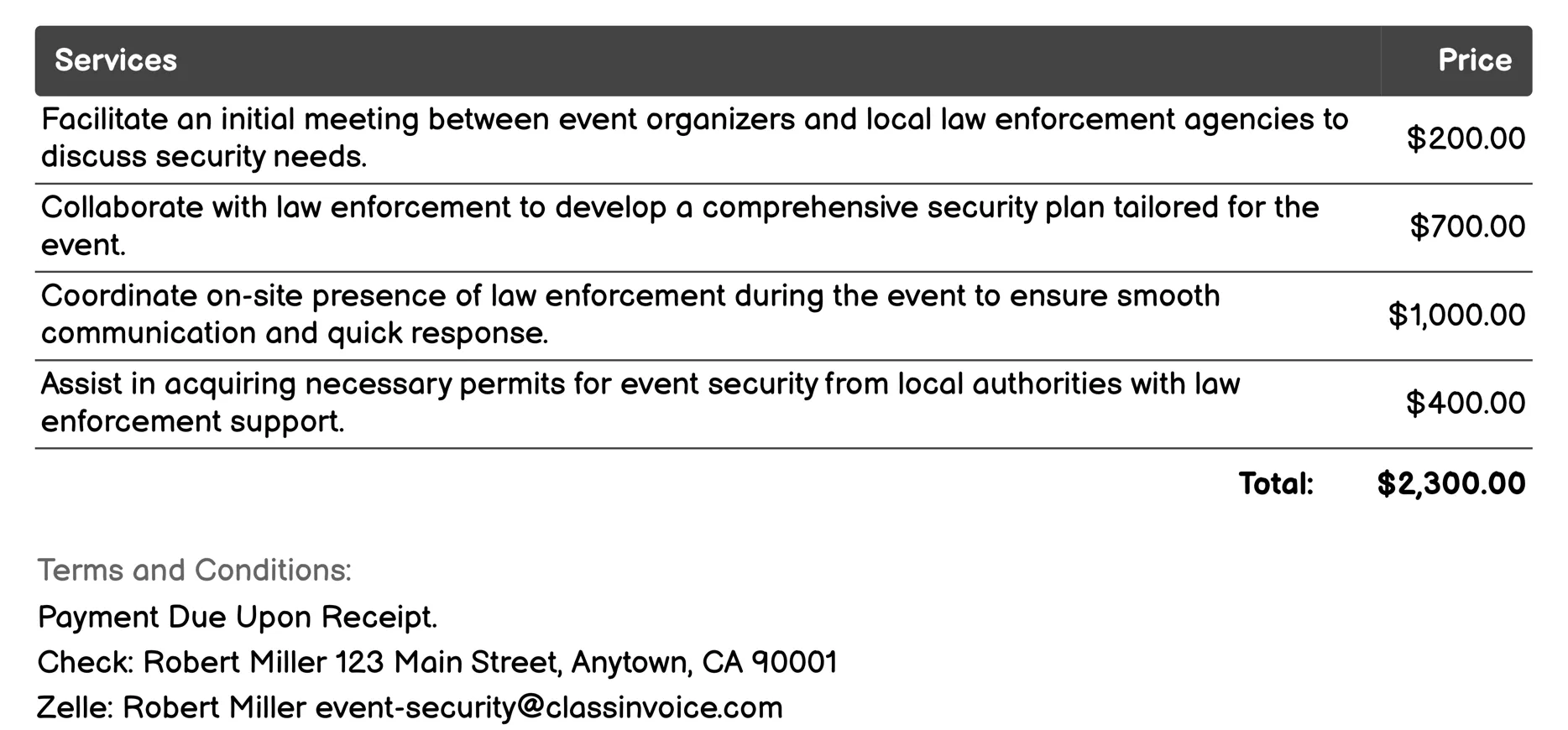 Liaison with Law Enforcement Invoice Example