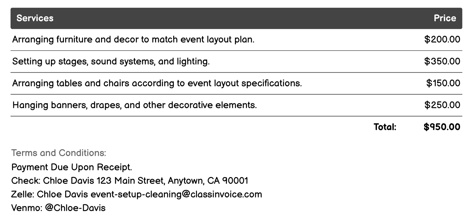 Event Space Layout Invoice Example