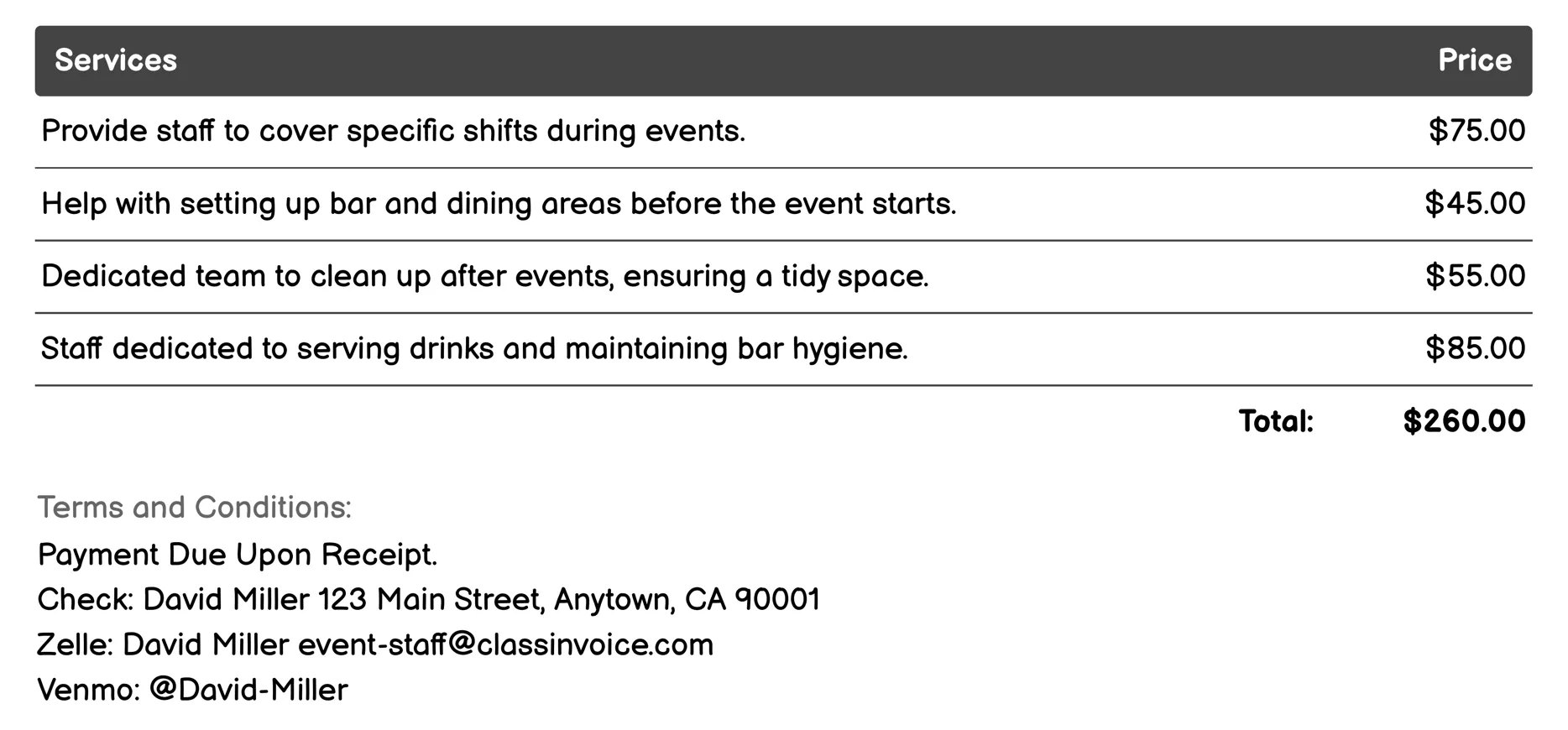 Bar and Catering Staff Invoice Example
