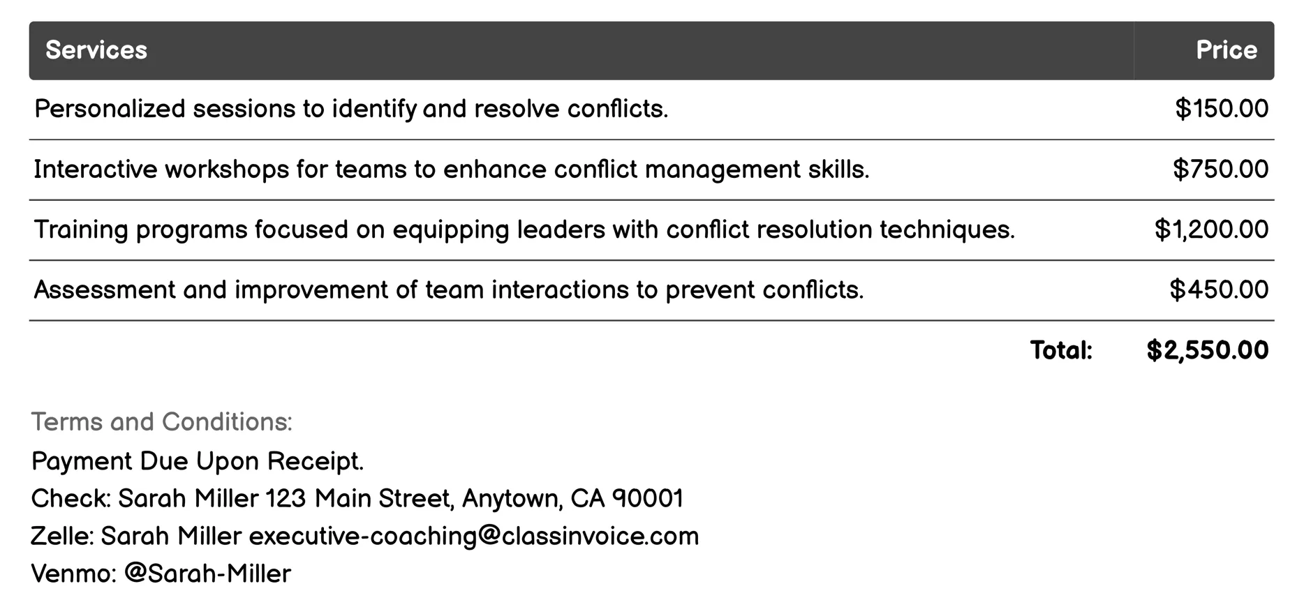 Conflict Resolution Coaching Invoice Example