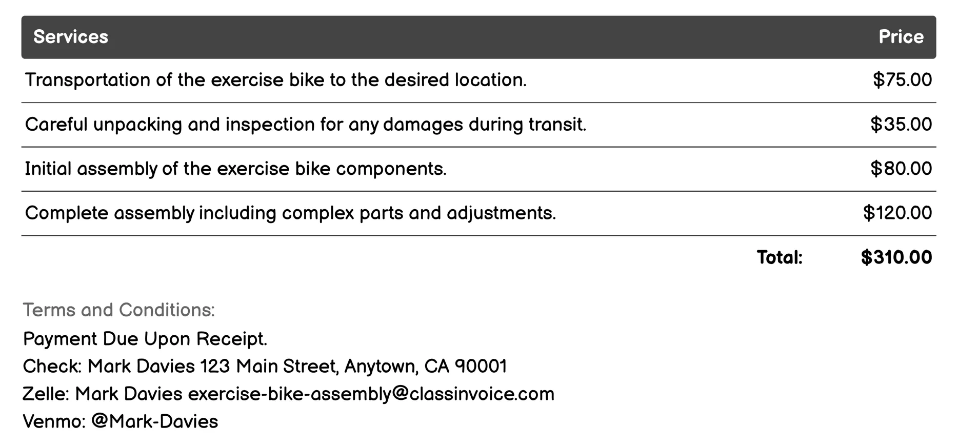 Transportation & Setup Invoice Example