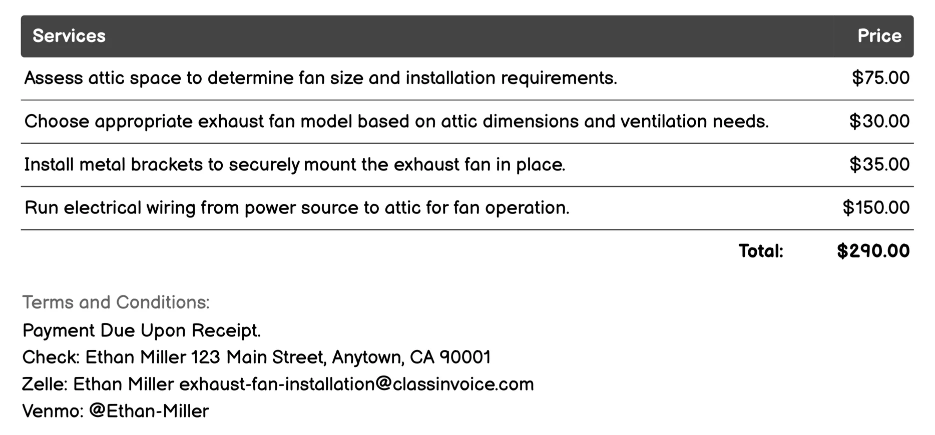 Attic Ventilation Fan Installation Invoice Example