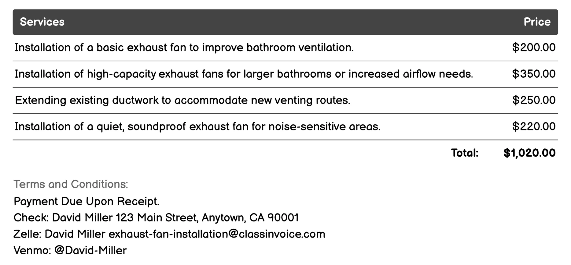 Bathroom Ventilation Solutions Invoice Example